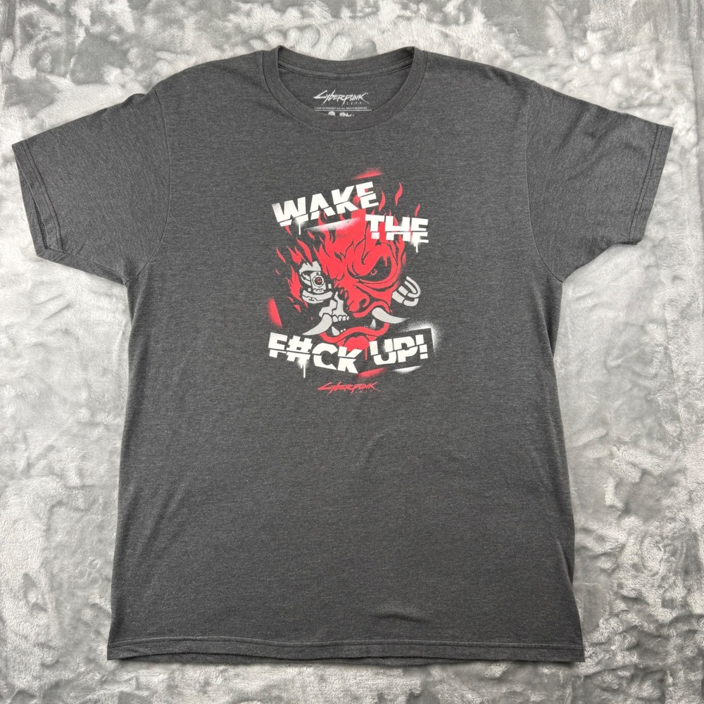 Cyberpunk 2077 Jinx Mens Large T-Shirt Wake The F#ck Up Oni Mask Graphic Grey